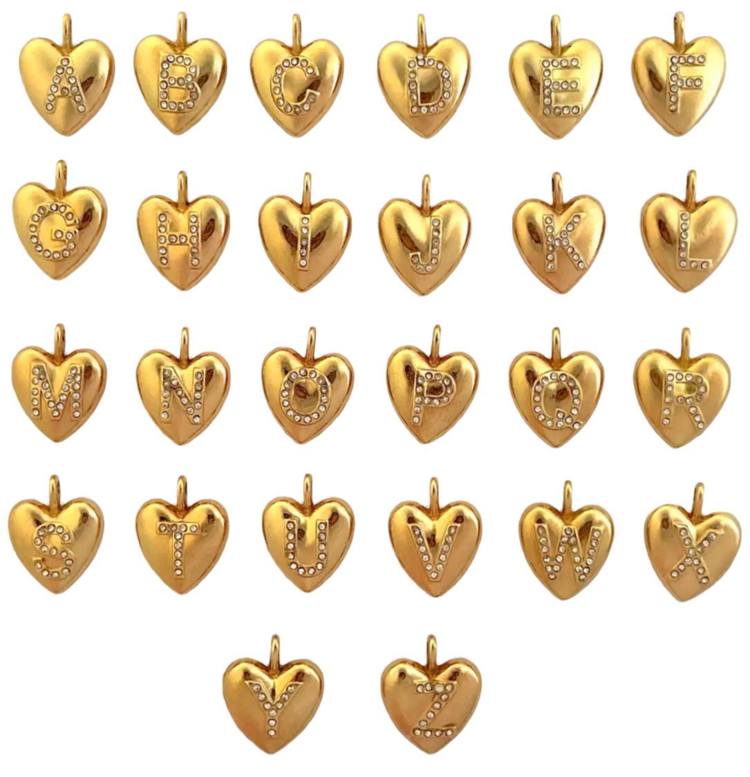Gold heart diamond initial metal charm