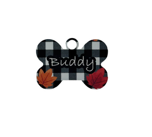 B&W plaid fall metal tag